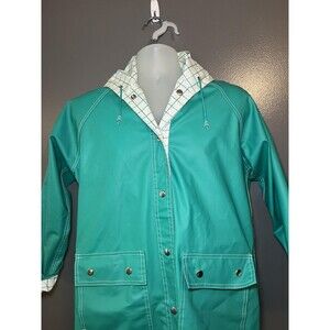 Vintage Charles River Coat Womens Medium Green Hooded PVC Rain Reversible 80s